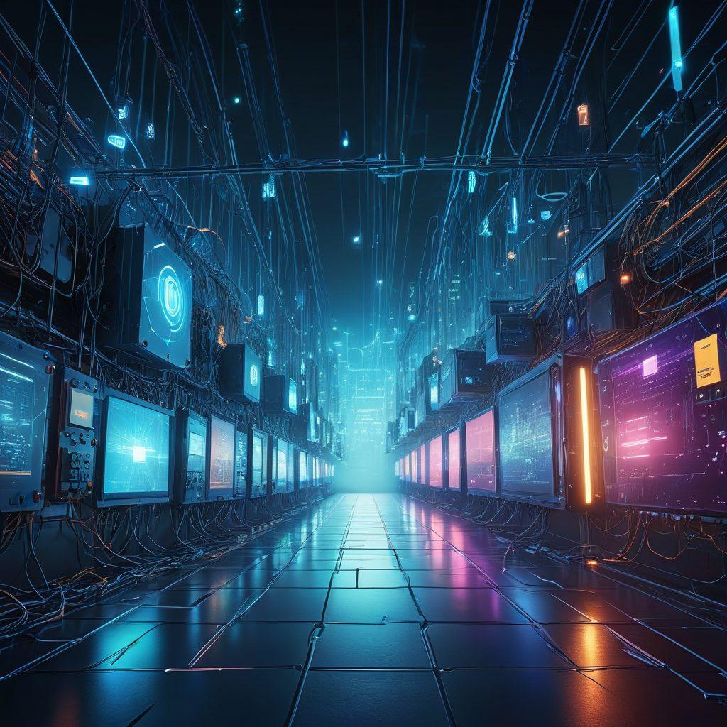 A futuristic digital landscape showcasing interconnected nodes and networked devices exchanging data. Central to the image is a symbolic torrent file icon surrounded by light beams, symbolizing the flow of information. Elements of security like padlocks and shields subtly integrated. Focus on a sense of community and powerful connectivity. cyberpunk style. vibrant colors. high-tech feel.