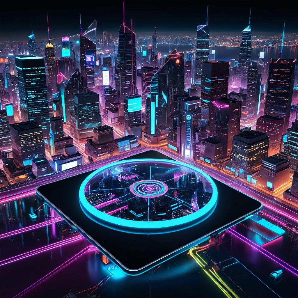 A vibrant digital network connecting multiple devices such as smartphones, tablets, and computers with flowing, neon-colored data streams symbolizing file sharing. Magnifying glass highlighting magnet links and animated torrent trackers around the network. High-tech, dynamic interface blending seamlessly with a futuristic cityscape in the background. cyberpunk. vibrant colors.
