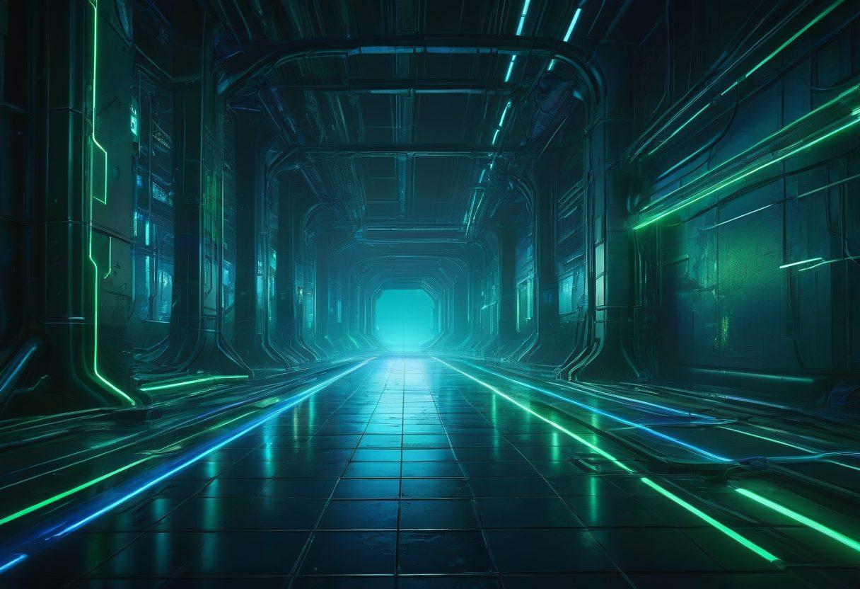A futuristic digital landscape illustrating two nodes transmitting data through a secure, luminous conduit. The nodes are sleek and modern, glowing with vibrant blue and green hues, symbolizing speed and encryption. In the background, a matrix-like grid, representing a robust network architecture, subtly fades into a deep, midnight blue. super-realistic, vibrant colors, high-tech, cyberpunk.